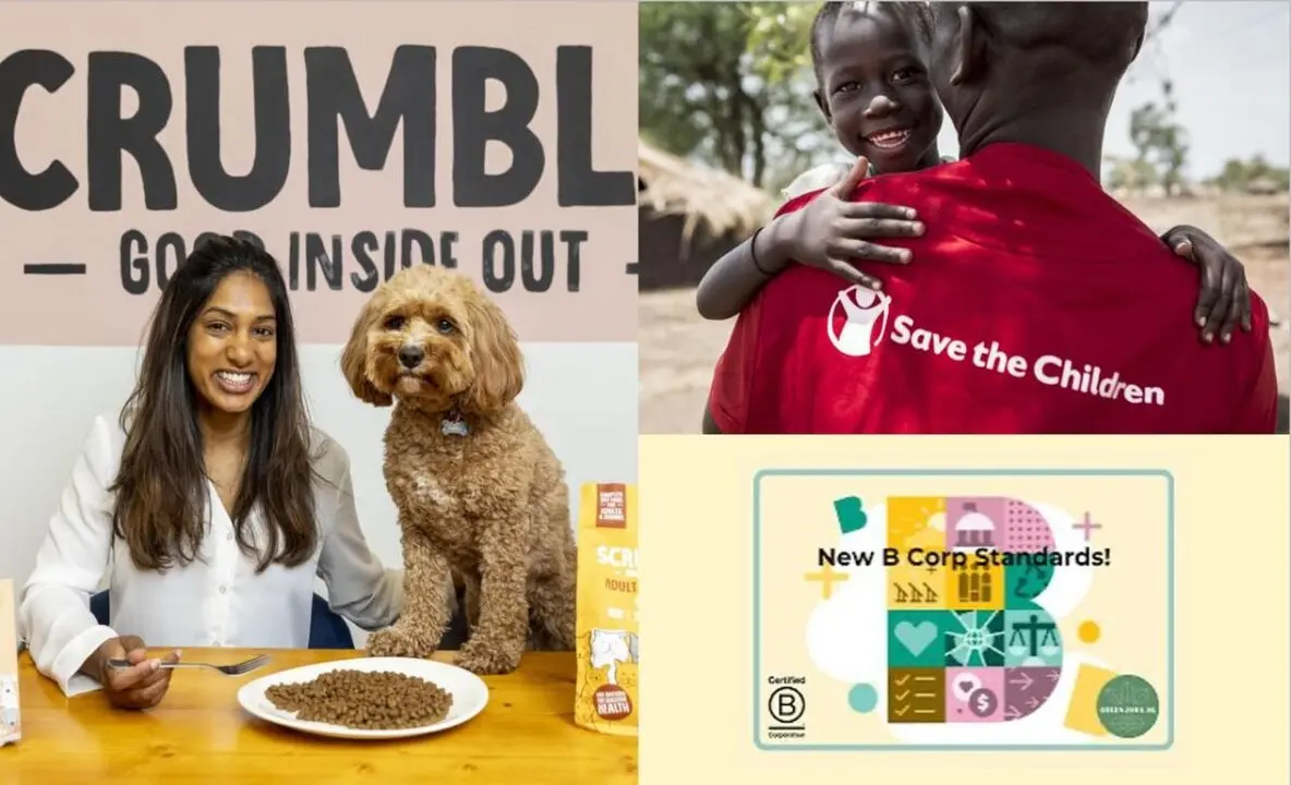 Imagen compuesta por dos fotograf&iacute;as, una de Save The Children, y otra de Scrumbles junto al sello B Corp | Foto de Scrumbles