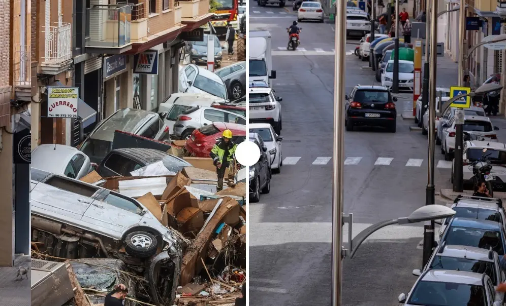 Una calle de Sedav&iacute; (Valencia) tras la dana y en la actualidad | ROBER SOLSONA / EUROPA PRESS