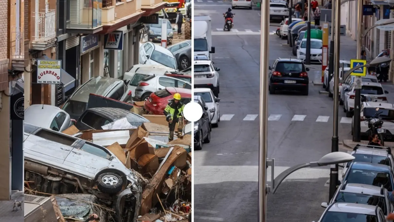 Una calle de Sedav&iacute; (Valencia) tras la dana y en la actualidad | ROBER SOLSONA / EUROPA PRESS