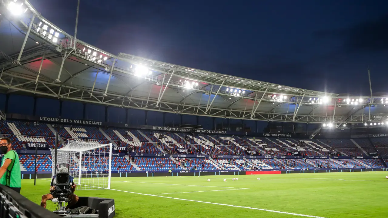 A general view inside the stadium during the spanish league, La Liga Santander, football match played between Levante UD and Real Madrid at Ciutat de Valencia stadium on Auguts 22, 2021, in Valencia, Spain.